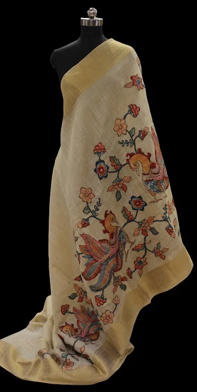 Cream Kalamkari Semi Tussar Saree