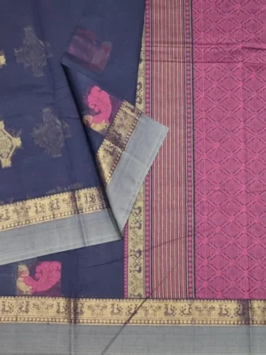 Close-up of diamond and peacock threadwork motifs on Dark Violet Kovai Cotton Saree
