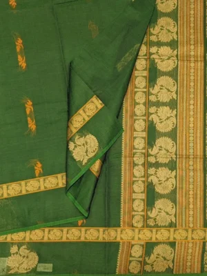 Close-up of floral buttas and peacock threadwork on Forest Green Kovai Cotton Saree