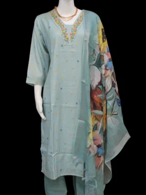 Aqua Blue Linen Three Piece Salwar Set