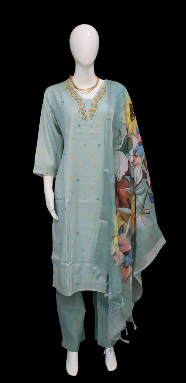 Aqua Blue Linen Three Piece Salwar Set