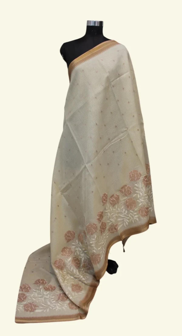 Beige Kota Checks Appliqué Work Saree
