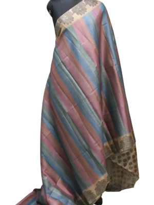 Semi Tussar Saree In Multi Colour With Rainbow Block Stripes