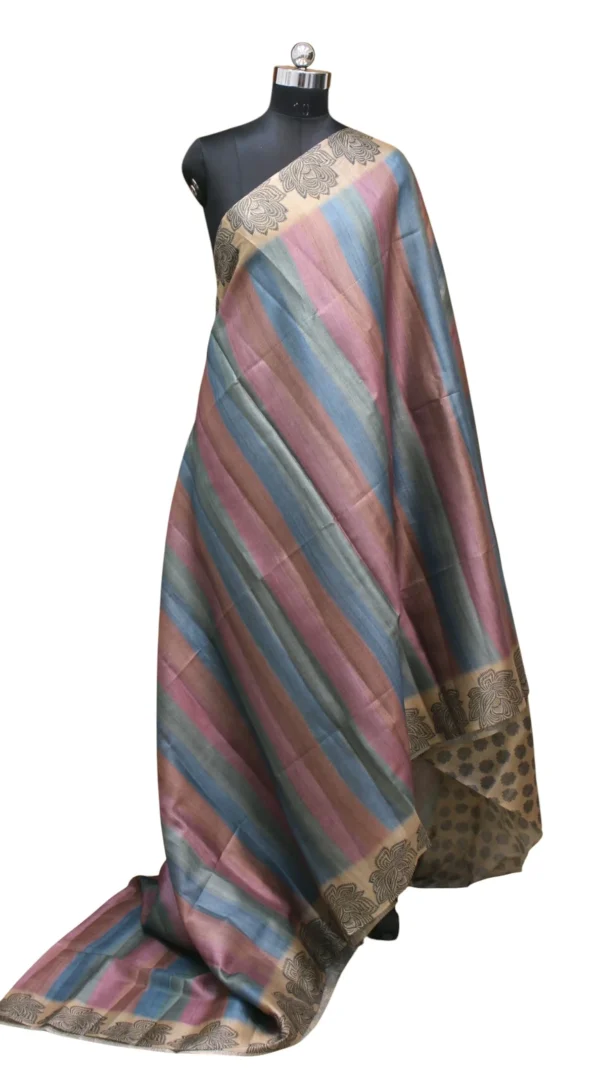 Semi Tussar Saree In Multi Colour With Rainbow Block Stripes