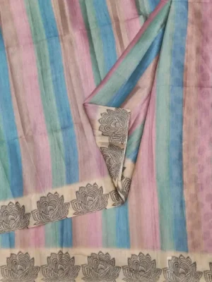 Multicolor Semi Tussar Saree with diagonal rainbow stripes and antique gold lotus border closeup