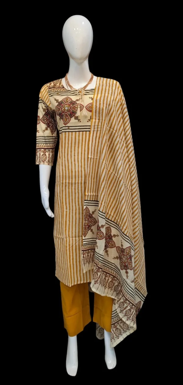 Mustard Yellow Beige Three Piece Salwar Suit