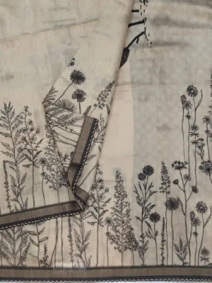 Natural Beige Cream Linen Saree closeup