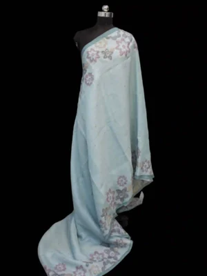 Pastel Ice Blue Tissue Linen Saree