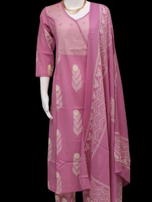 Pink Cotton Printed Kurti Set