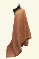 Rusty Terracotta Orange Tissue Linen Saree With Floral Embroidery