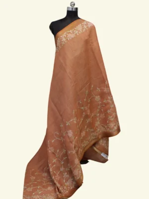 Rusty Terracotta Orange Tissue Linen Saree With Floral Embroidery