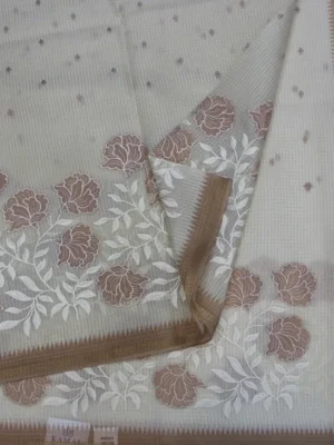 Close-up of rose leaf appliqué and thread embroidery on Beige Kota Checks Saree
