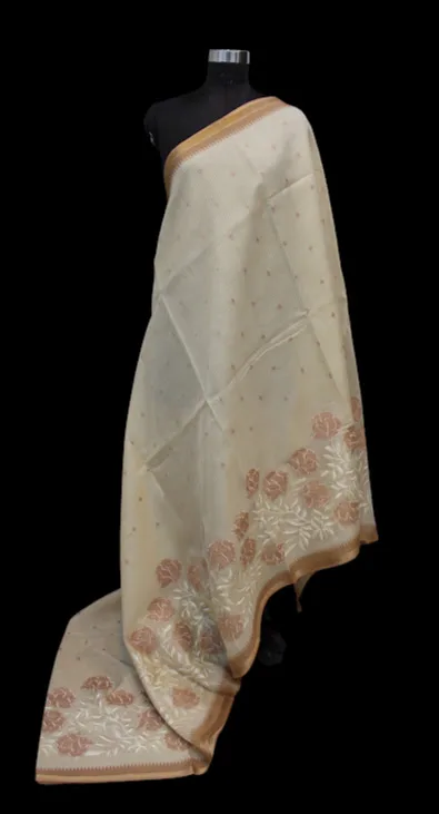 Beige Kota Checks Appliqué Work Saree