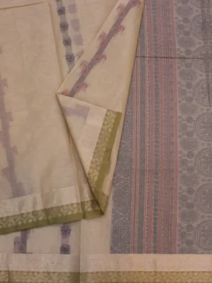 Close-up of pink grey woven motifs and olive green zari border on beige Kovai cotton saree