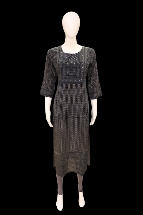 Black Cotton Kurti In Embroided Yoke
