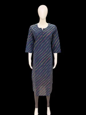 Navy Blue Cotton Kurta In Leheriya Style