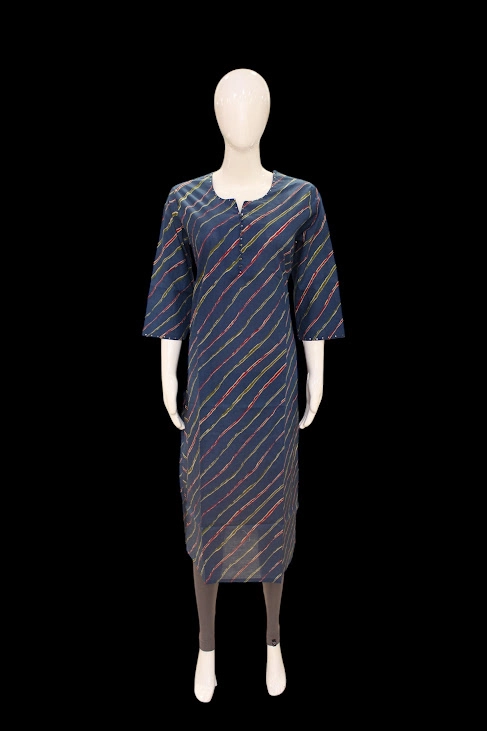 Navy Blue Cotton Kurta In Leheriya Style