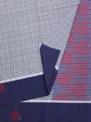 Close-up of royal blue white Temple cotton saree with gopuram temple border motifs