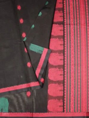 Close-up of elephant and floral threadwork motifs on Charcoal Black Kovai Cotton Saree