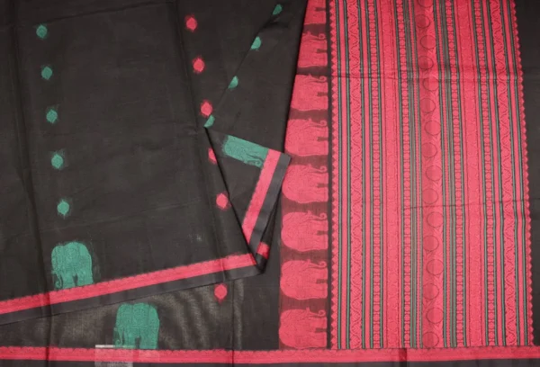 Pure Handloom Kovai Cotton Saree In Charcoal Black