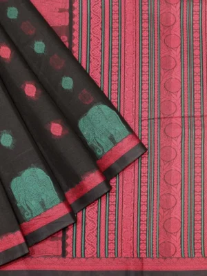 Pure Handloom Kovai Cotton Saree In Charcoal Black