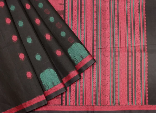 Pure Handloom Kovai Cotton Saree In Charcoal Black