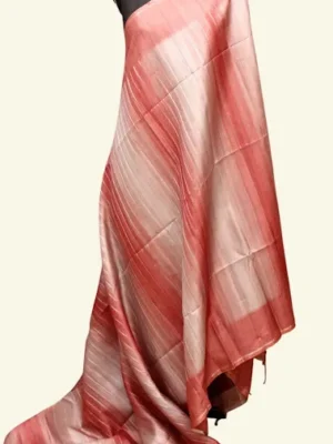 Semi Tussar Saree In Coral Pink With Light Cream