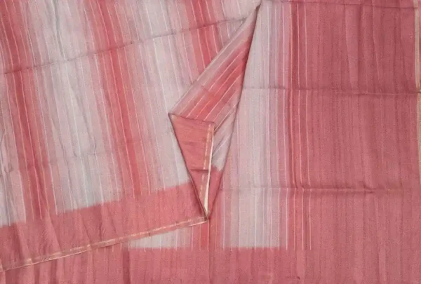 Semi Tussar Saree In Coral Pink With Light Cream