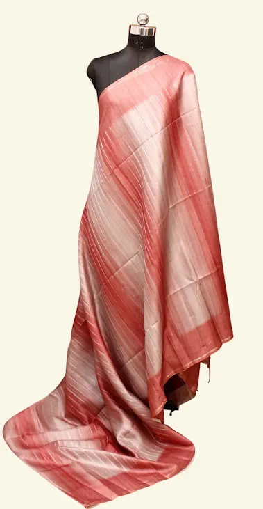 Semi Tussar Saree In Coral Pink With Light Cream