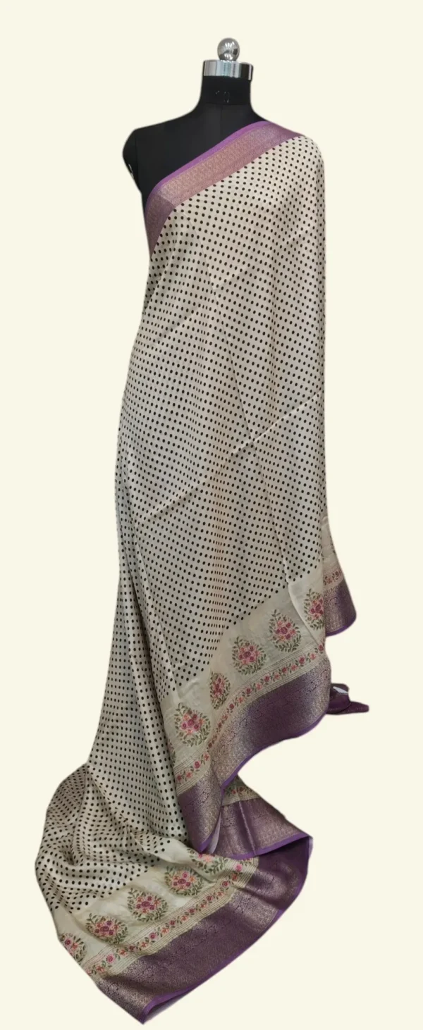 Premium Crepe Cream Saree In Polka Dots