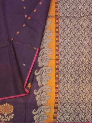 Deep royal purple Pure Handloom Kovai Cotton Saree featuring evenly spaced shuttle-woven sunflower floral buttas detailed with orange and beige threadwork, tiny geometric micro-buttas, a fuchsia pink piping border and a contrast pallu with a soft beige Kodi paisley hook design.