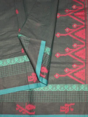 Close-up of geometric checkered weave and maroon floral motifs on Deep Teal Green Kovai Cotton Saree