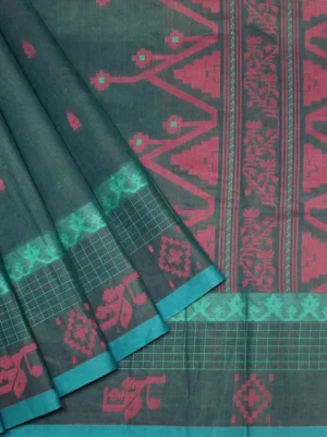 Pure Handloom Kovai Cotton Saree In Deep Teal Green