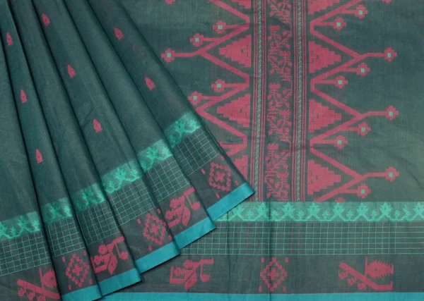 Pure Handloom Kovai Cotton Saree In Deep Teal Green