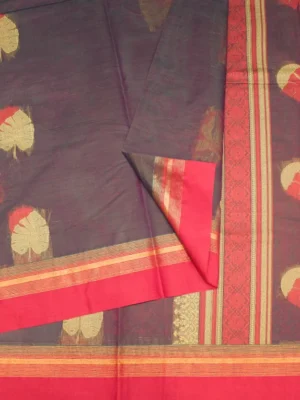 Close-up of leaf threadwork and golden-yellow zari border on Dual Shade Kovai Cotton Saree