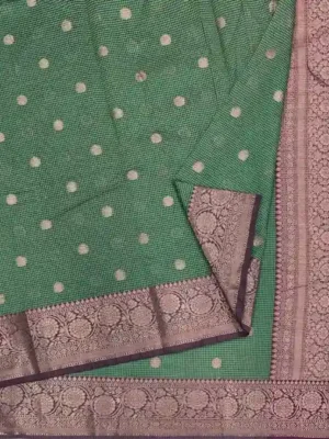 Forest Green Semi Chanderi Saree with metallic buttas In Closeup