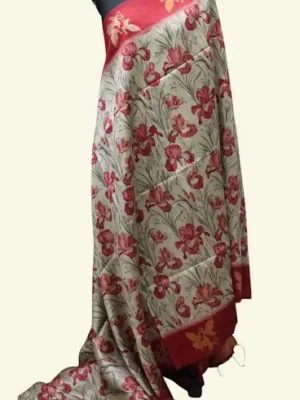Semi Tussar Saree In Light Ash Base With Crimson Red