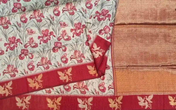 Semi Tussar Saree In Light Ash Base With Crimson Red