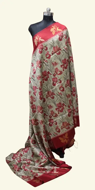 Semi Tussar Saree In Light Ash Base With Crimson Red