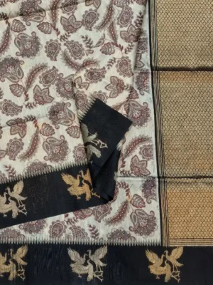 Close-up of Kalamkari prints and black gold zari pallu on Cream Semi Tussar Saree