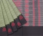 Pure Handloom Temple Cotton Saree In Lime Green With Checks Pattern