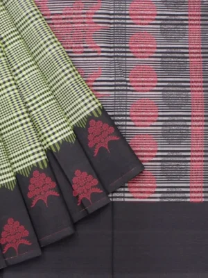 Pure Handloom Temple Cotton Saree In Lime Green With Checks Pattern