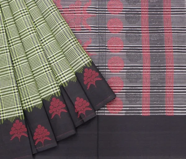 Pure Handloom Temple Cotton Saree In Lime Green With Checks Pattern