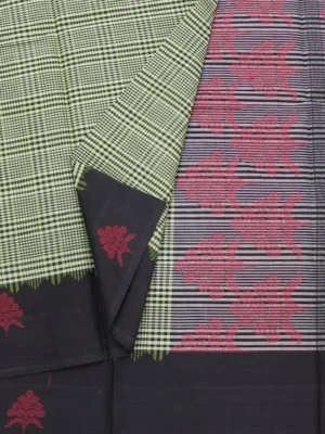 Close-up of magenta temple border and brick-red woven floral motifs on Lime Green Temple Cotton Saree