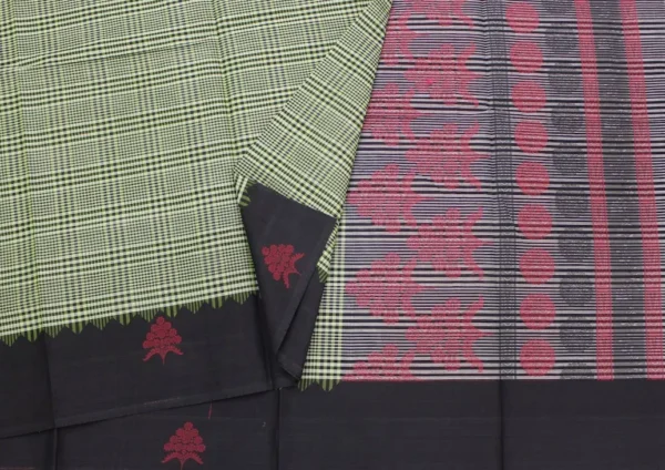 Pure Handloom Temple Cotton Saree In Lime Green With Checks Pattern