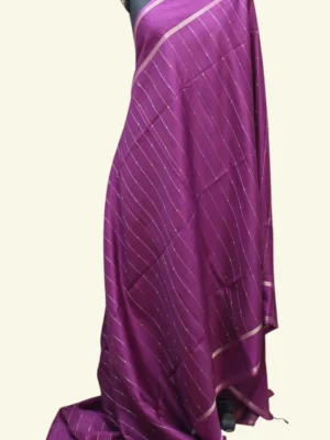 Magenta Purple Semi Tussar Saree with vertical gold zari stripes and buttas
