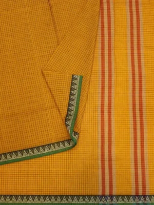 Close-up of checked pattern and cream zig-zag motifs on Mango Yellow Premium Cotton Saree