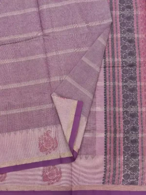 Close-up of berry paisley threadwork and gold zari border on mauve dusty pink Kovai cotton saree