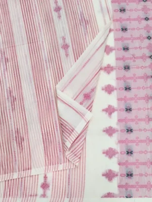 Close-up of pink woven stripes and geometric floral motifs on milky white Kovai cotton saree