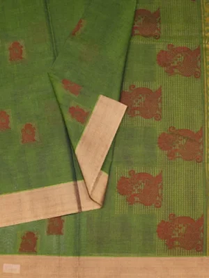 Close-up of peacock buttas and terracotta red threadwork on Moss Green Kovai Cotton Saree